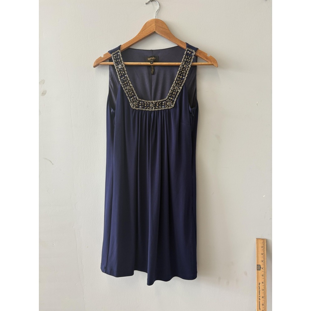 Laundry By Shelli Segal Dress Womens 6 Blue Beaded Square Neck Shift Mini
